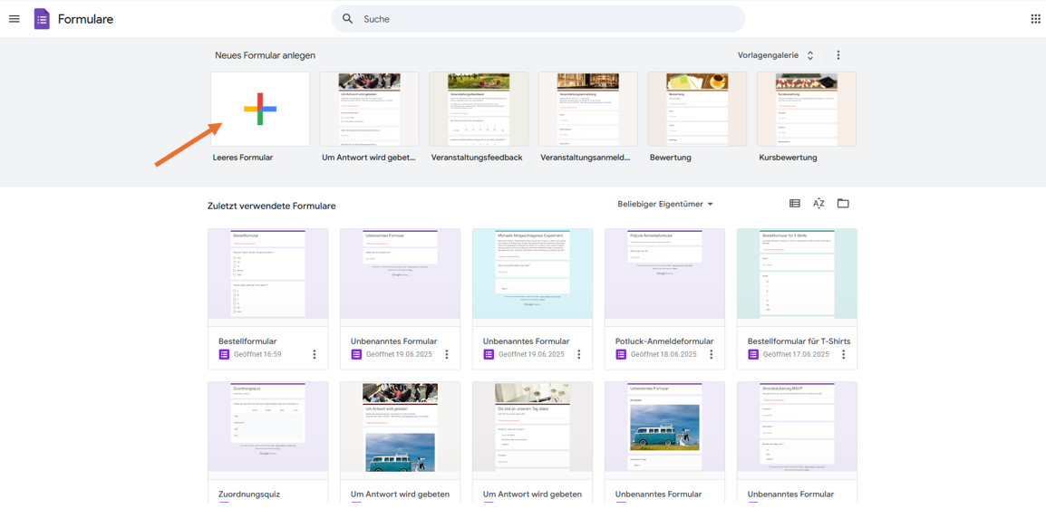 Screenshot des Auswahlbildschirms für Google Formulare