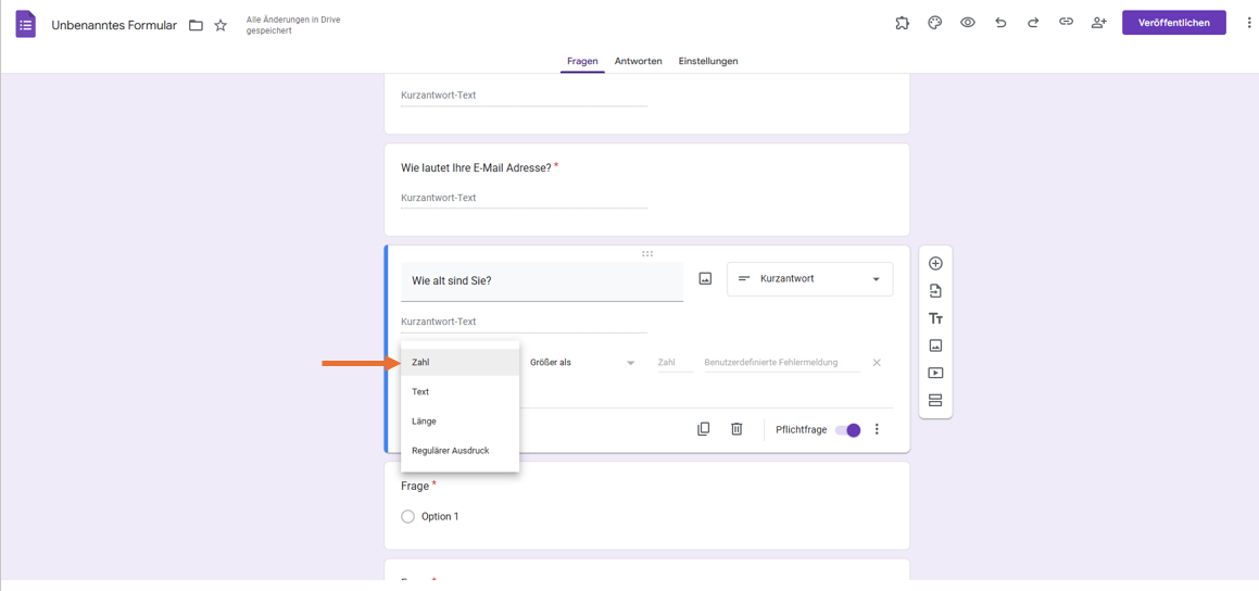 Ein Screenshot des Dropdown-Menüs der Antwortvalidierungsoptionen in Google Formulare: Zahl, Text, Länge und regulärer Ausdruck