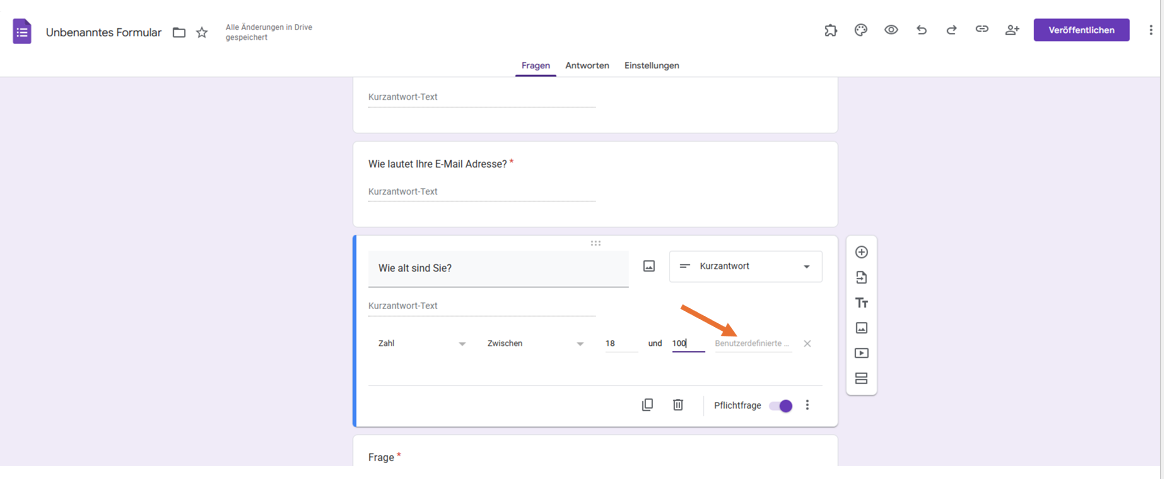 Ein Screenshot des Feldes für die Eingabe von benutzerdefiniertem Fehlertext für Antwortvalidierungsfragen in Google Formulare