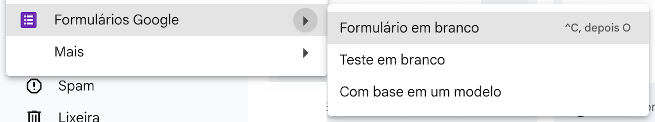Menu do Formulários Google oferecendo opções para criar um formulário em branco, um teste em branco ou criar a partir de um modelo