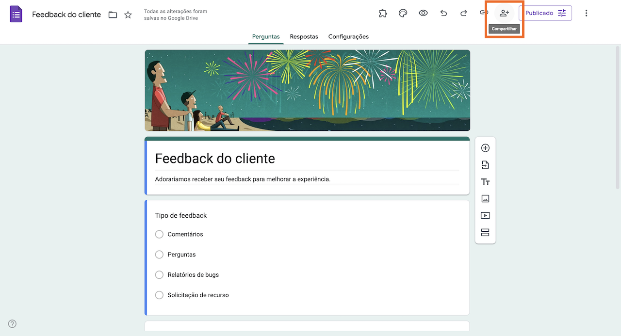 Clicando no botão Compartilhar no Formulários Google