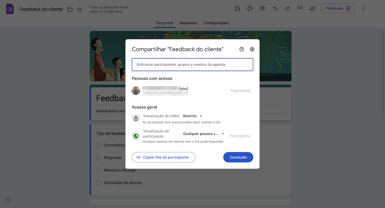Mostrando a janela de Compartilhar em um formulário do Google