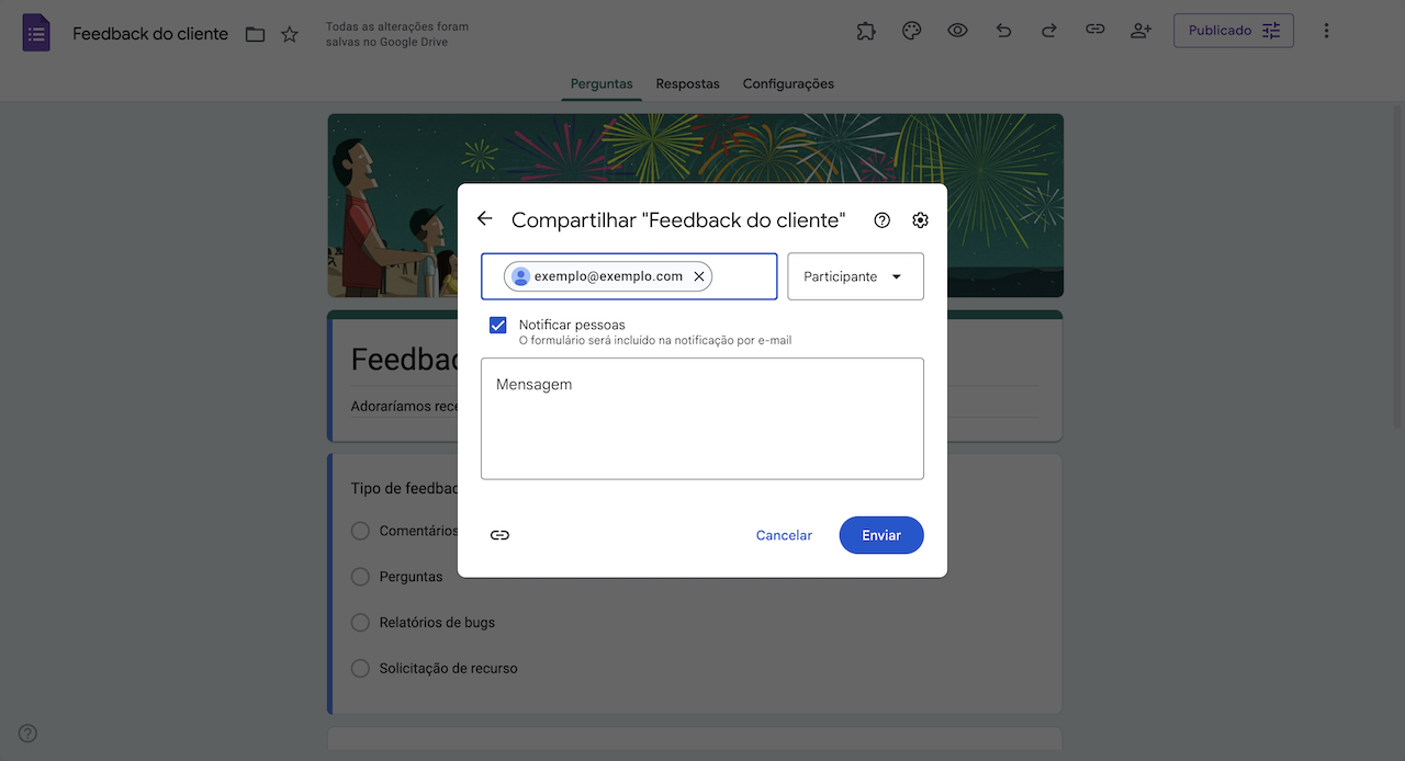 Adicionando um endereço de e-mail e marcando a caixa Notificar Pessoas na janela de Compartilhar