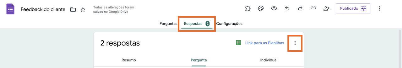 Aba de respostas do formulário mostrando que há duas respostas, com opções para visualizar um resumo, vincular os dados ao Planilhas e alternar a aceitação de novas respostas