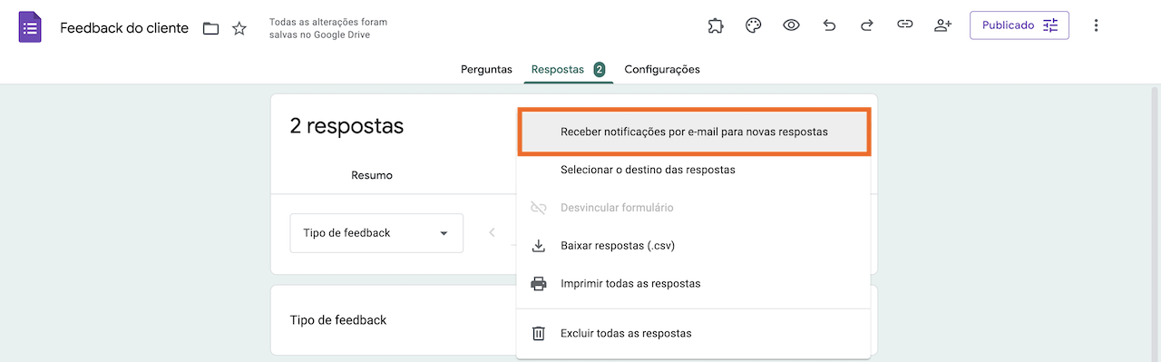 Interface do usuário mostrando as opções de resposta para um formulário, incluindo uma opção destacada para receber notificações por e-mail para novas respostas