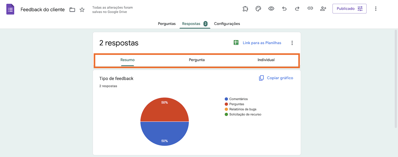 Página de respostas de um formulário de feedback do cliente com uma análise de gráfico de pizza de duas respostas