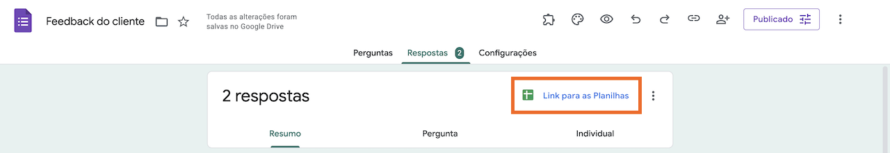 Aba indicando '2 respostas' e uma opção destacada para 'Link para as Planilhas'
