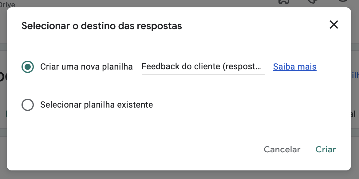 Caixa de diálogo para selecionar um destino para respostas do formulário, com a opção de criar uma nova planilha pré-selecionada