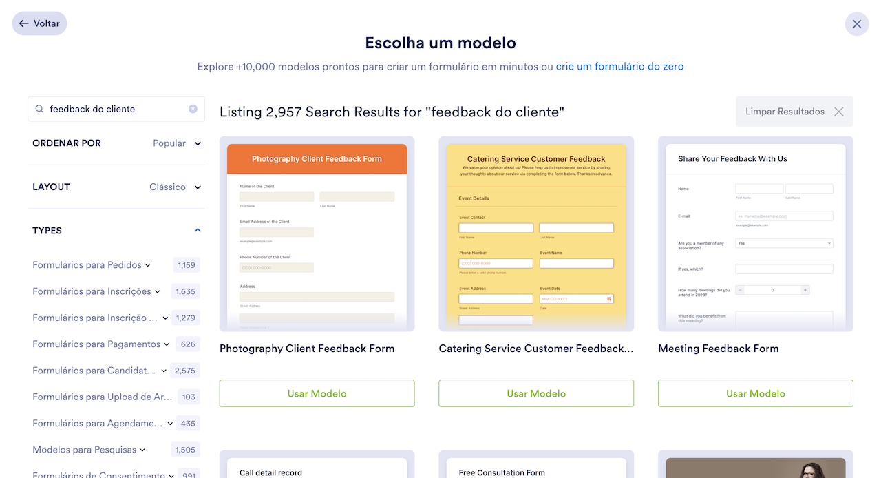 Galeria de modelos Jotform listando vários modelos de pesquisa de feedback do cliente disponíveis para uso