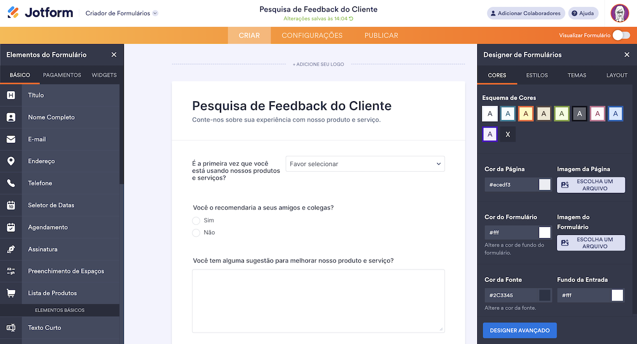 Interface do Criador de Formulários Jotform onde uma Pesquisa de Feedback do Cliente está sendo criada