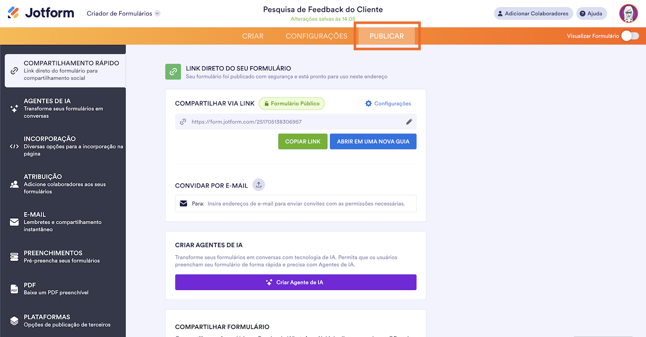 Seção Publicar do Criador de Formulários Jotform onde o usuário pode compartilhar sua Pesquisa de Feedback do Cliente