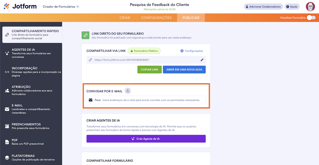 Opções de publicação no Criador de Formulários Jotform, com recursos para compartilhar um formulário