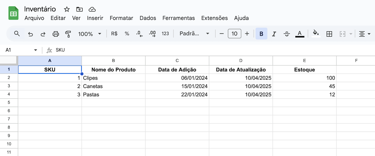 Captura de tela de uma planilha do Google com informações de inventário