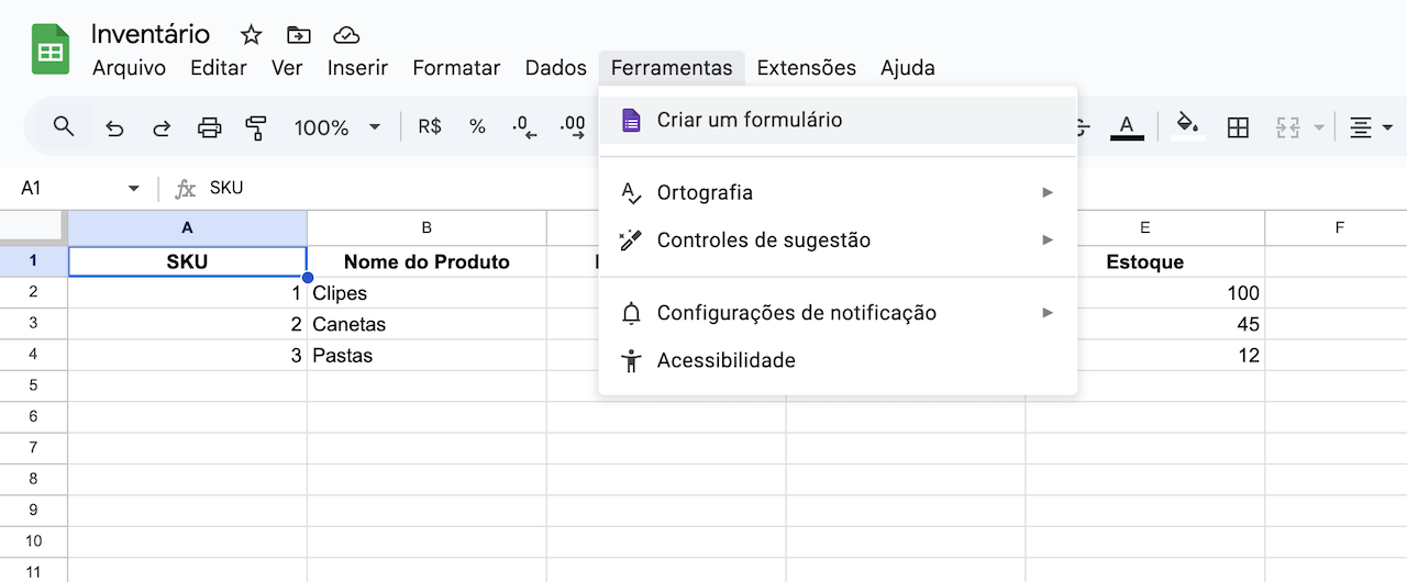 Captura de tela de como criar um novo formulário em ferramentas no Planilhas Google