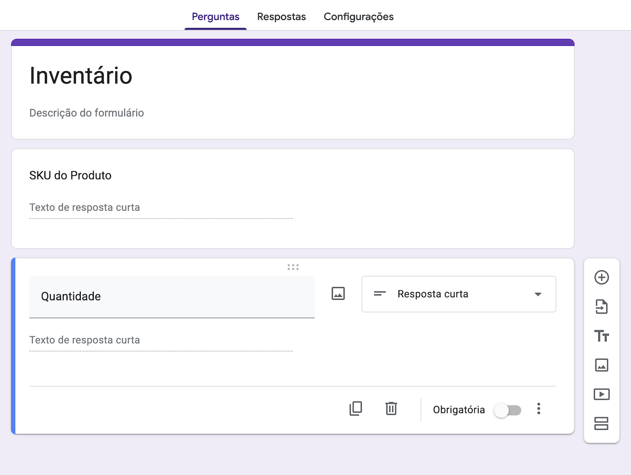 Captura de tela do formulário de inventário no Formulários Google com perguntas sobre SKU do produto e quantidade