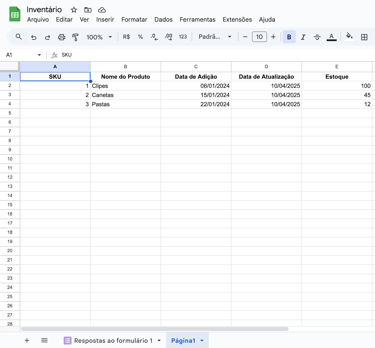 Captura de tela da nova aba de resposta de formulário na planilha de inventário do Google