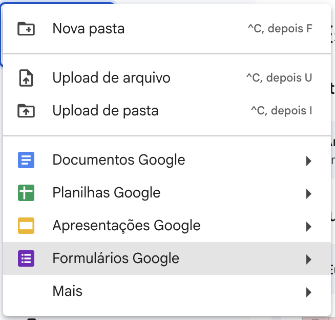 Captura de tela de um menu do Google Drive para criar um novo formulário