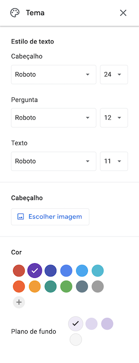 Menu de design para uma candidatura de emprego no Formulários Google