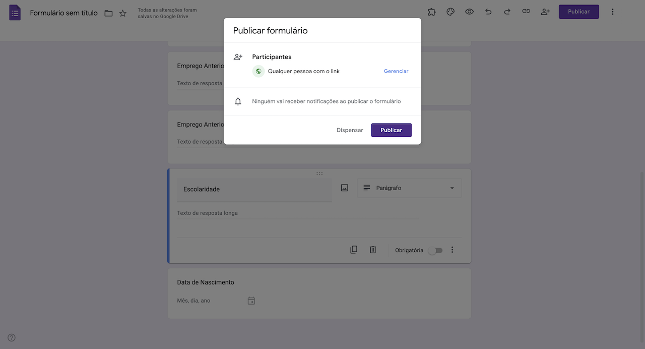 Menu do Google Drive para distribuição de uma candidatura de emprego no Formulários Google