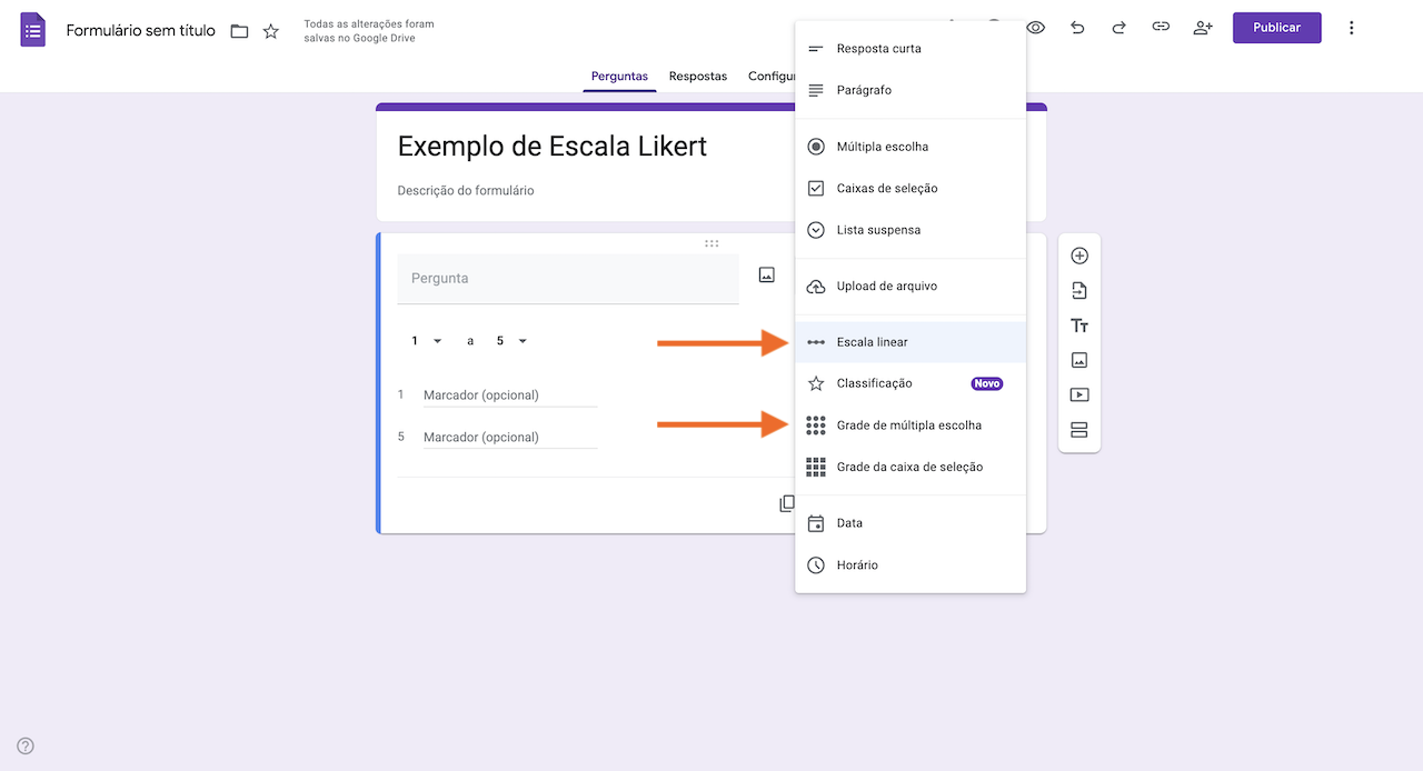 Selecionando a opção de Escala Linear ou Grade de Múltipla Escolha no Formulários Google