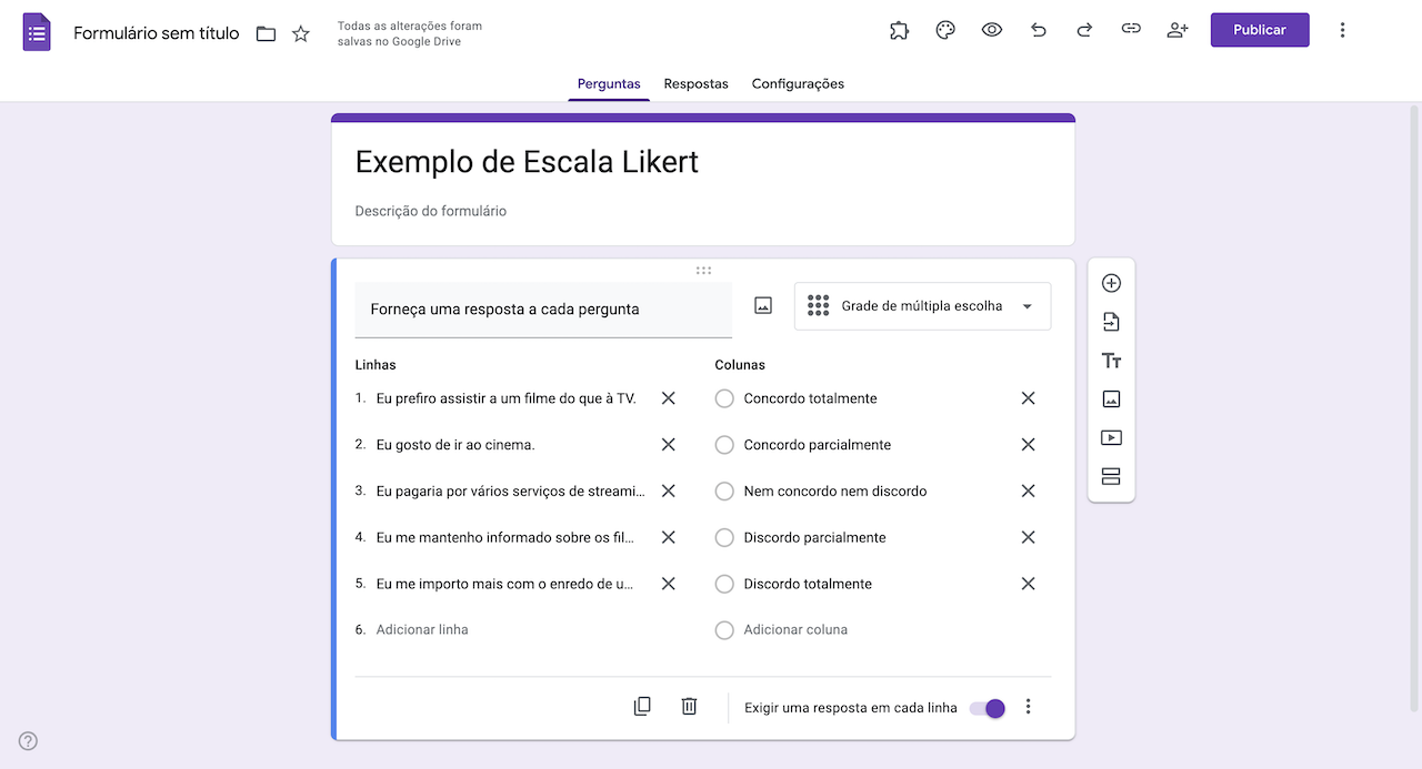 Exemplo de questão de Grade de Múltipla Escolha no Formulários Google