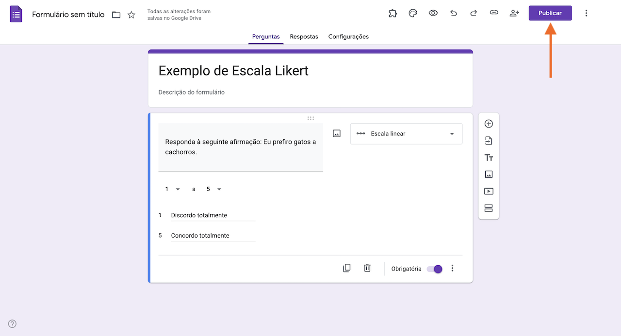 Seta apontando para o botão Publicar no Formulários Google