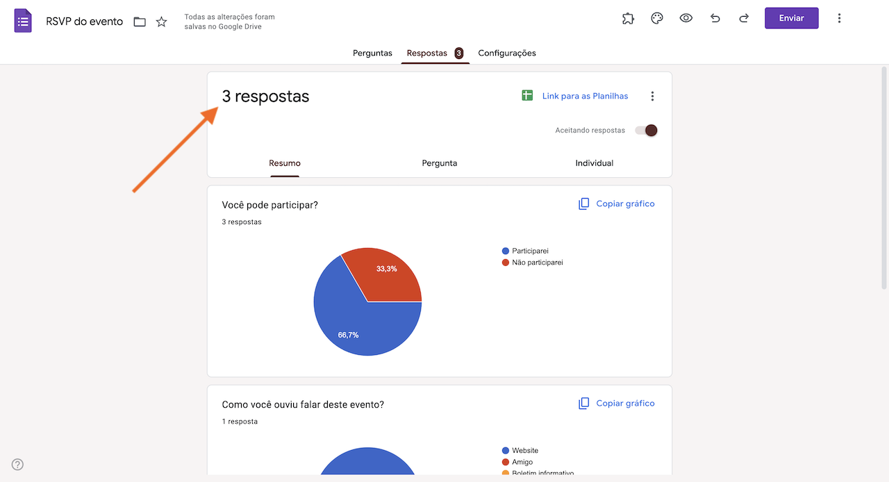 Captura de tela da guia Respostas no Formulários Google