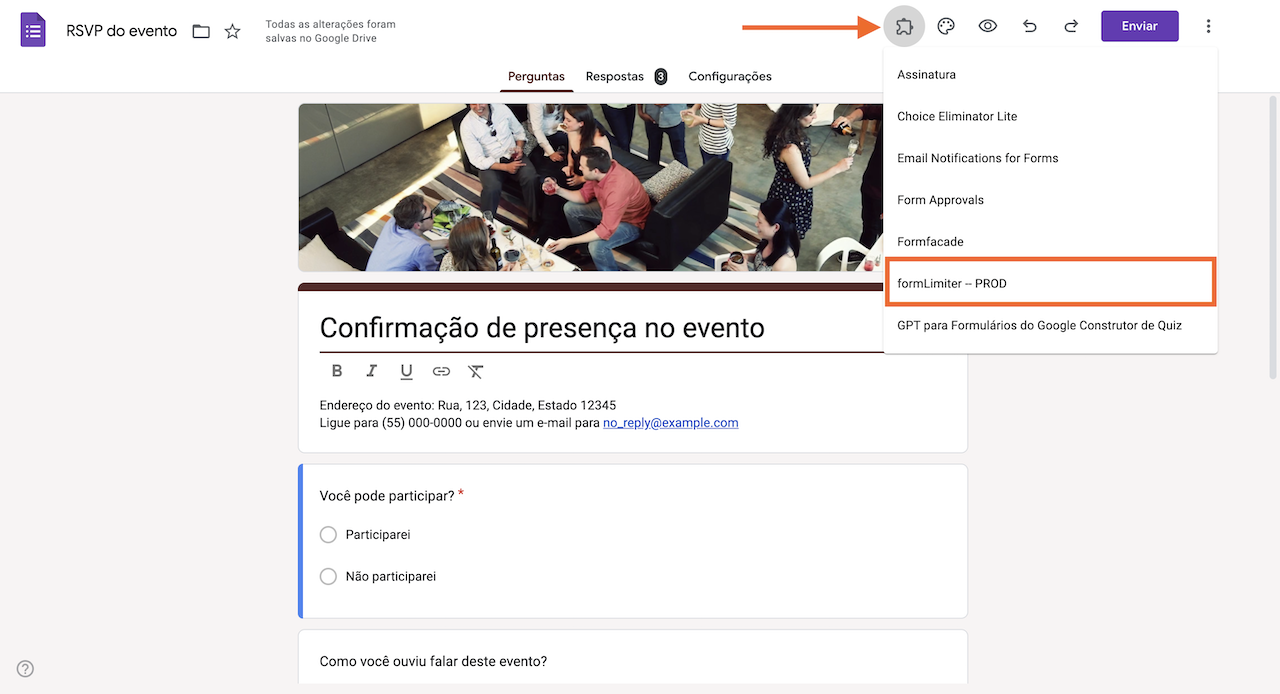 Captura de tela do Formulários Google com o ícone de Complementos selecionado e o formLimiter destacado