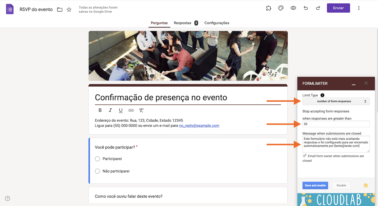 Captura de tela de um formulário do Google com as opções do complemento Form Limiter exibidas