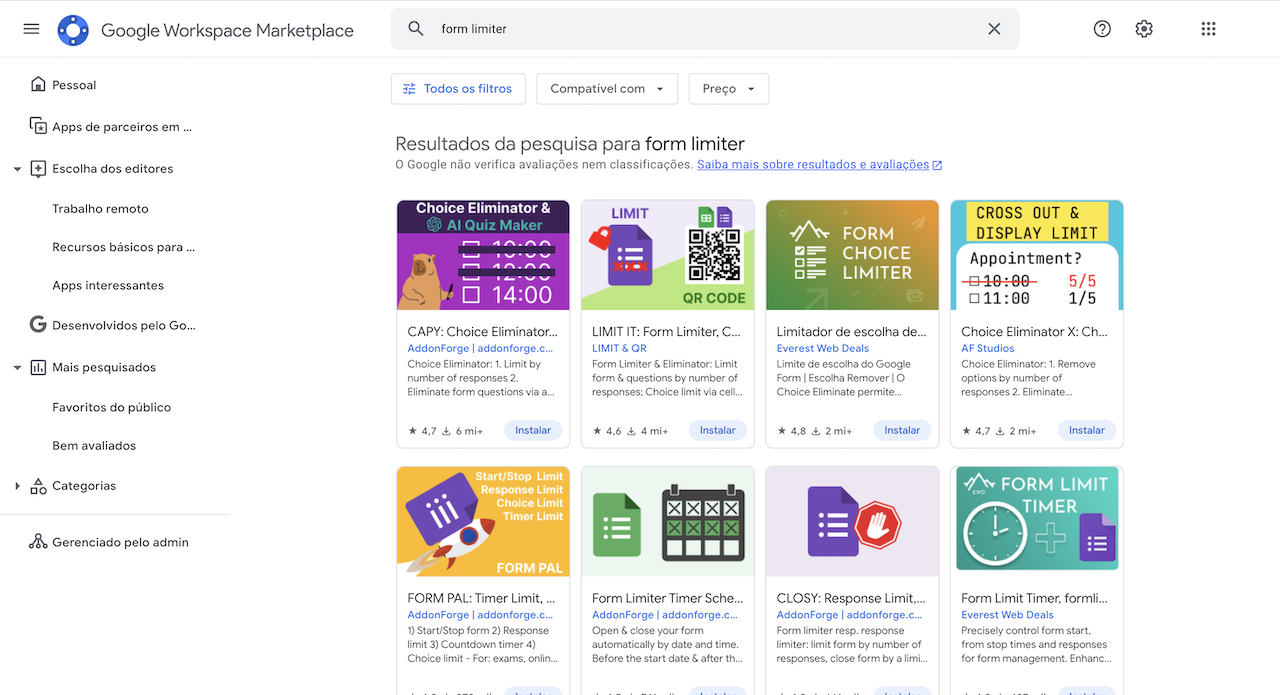 Captura de tela da página de resultados de pesquisa para a frase "form limiter" no Google Workspace Marketplace