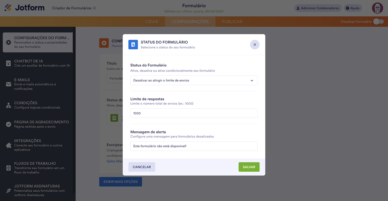 Captura de tela da seção Status do Formulário na aba de Configurações do Criador de Formulários Jotform