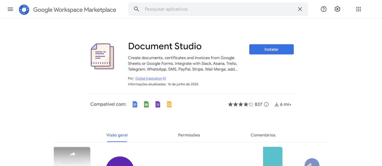 Captura de tela da página de instalação do Document Studio