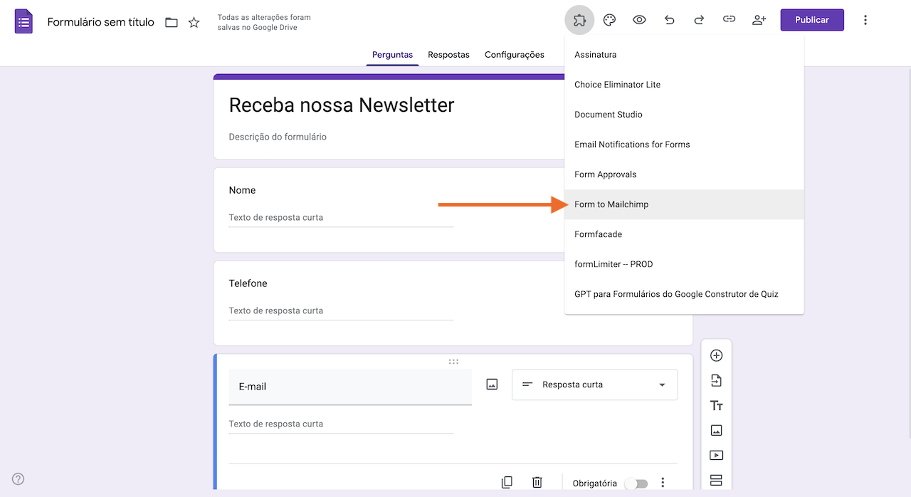 Opção "Form to Mailchimp" no Formulários Google