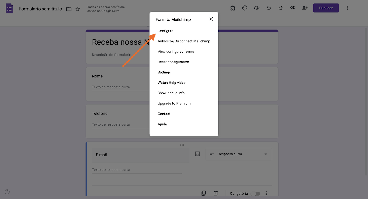Opção "Configure" do Form to Mailchimp