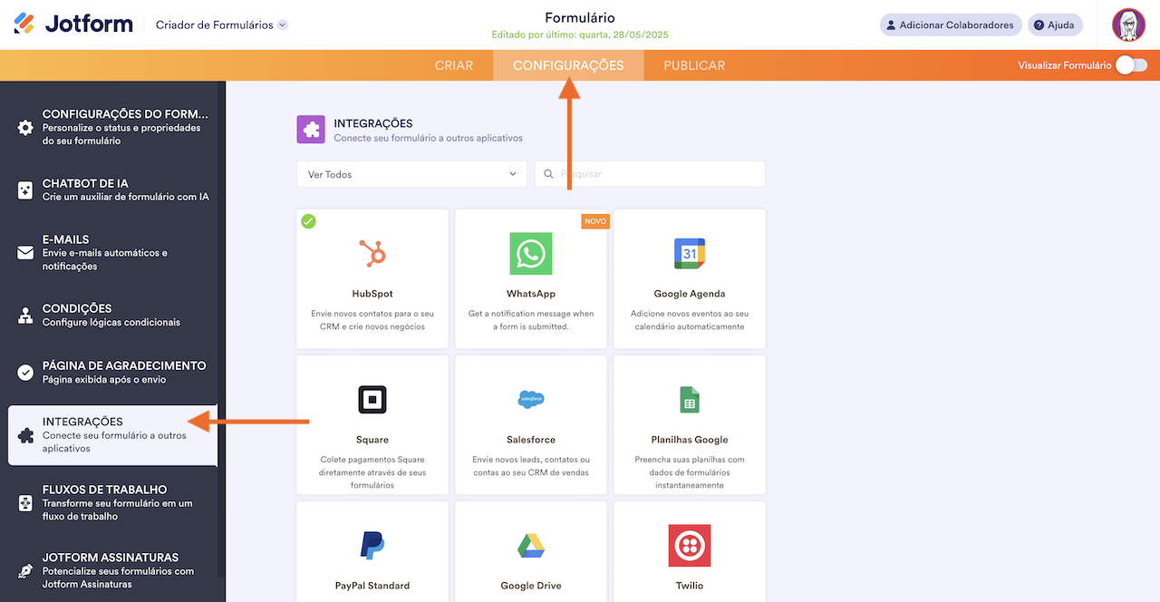 Configurações do Criador de Formulários Jotform