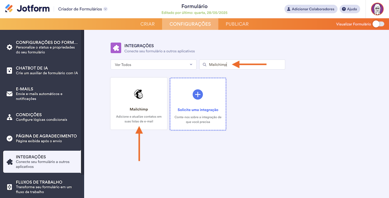 Integração ao "Mailchimp" no Criador de Formulários Jotform