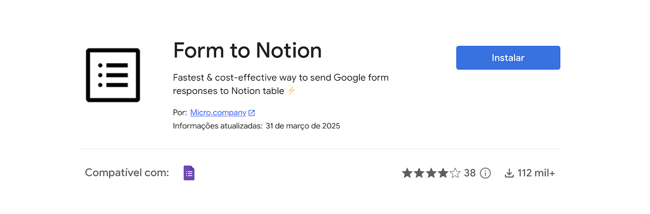 Captura de tela do plugin Form to Notion no Google Marketplace