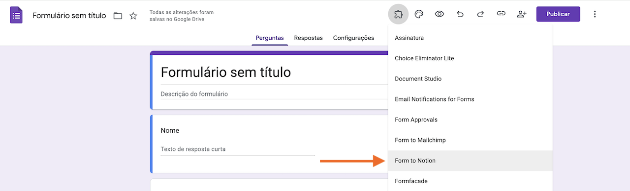 Captura de tela mostrando a opção Form to Notion no Formulários Google