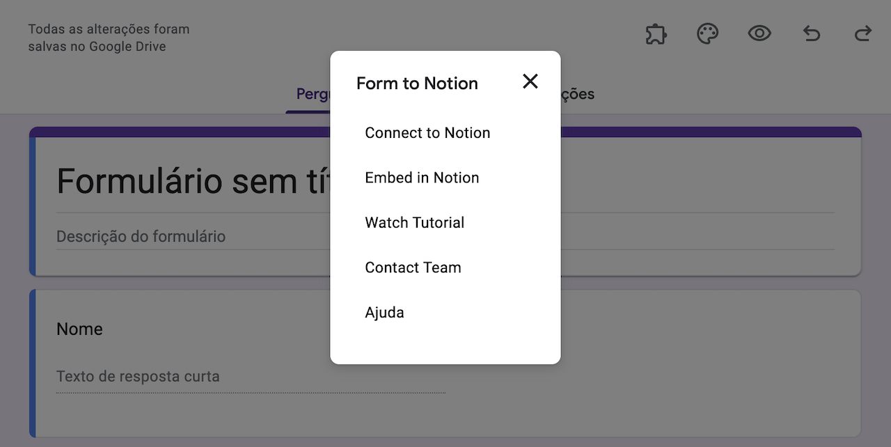 Captura de tela de um formulário do Google mostrando a opção Form to Notion e subcategorias