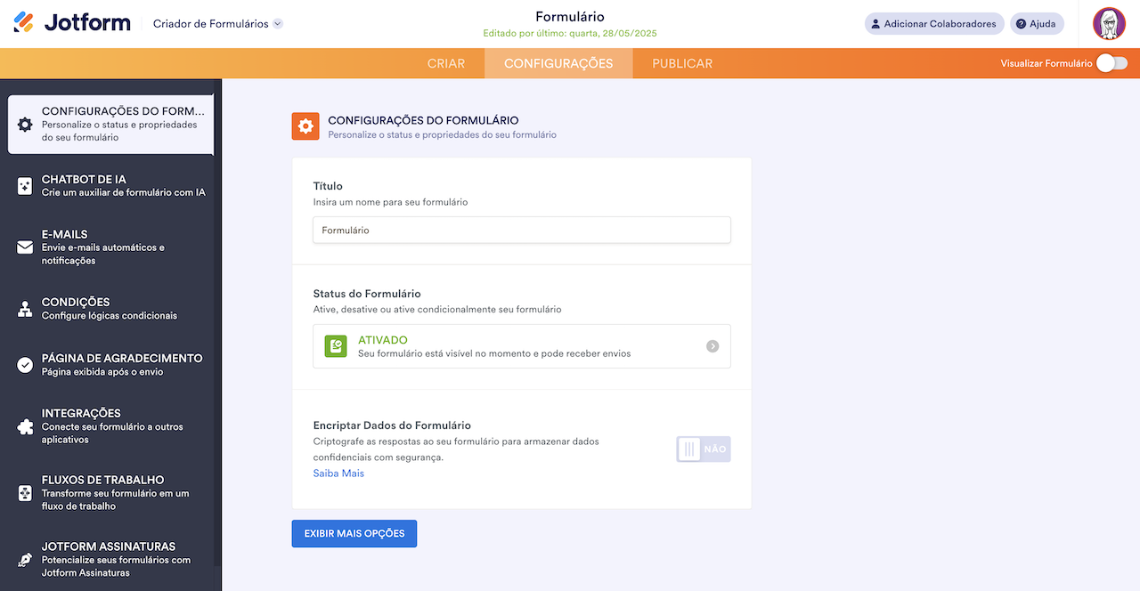 Captura de tela da página de configurações do Criador de Formulários Jotform