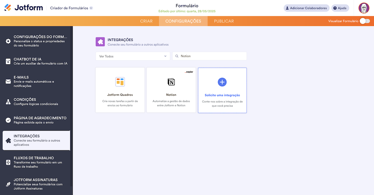 Captura de tela da página de integrações do Criador de Formulários Jotform