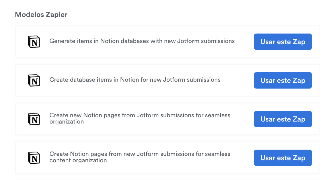 Captura de tela de vários modelos do Zapier que podem ser usados dentro do Notion