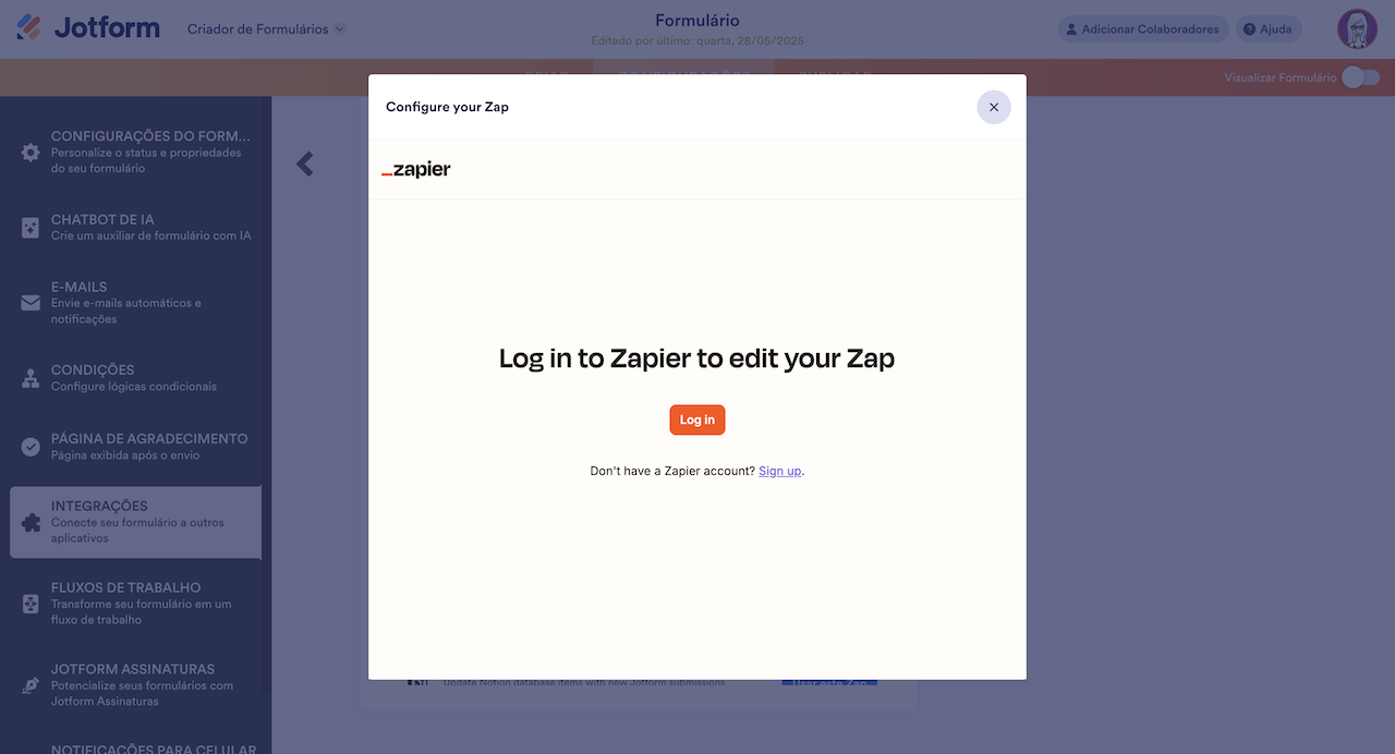 Captura de tela de um pop-up de login do Zapier