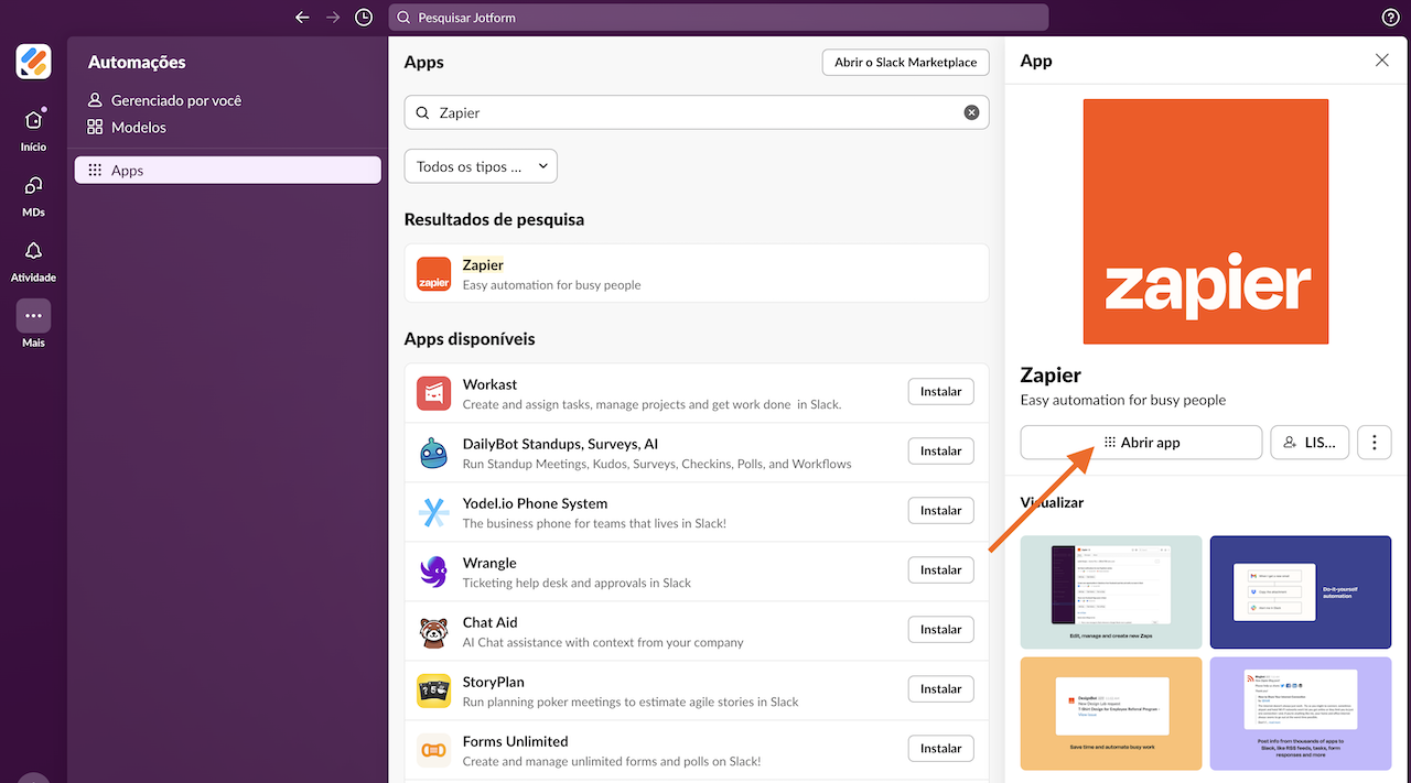 Captura de tela da página 'Apps' do Slack com seta apontando para o botão 'Abrir app'