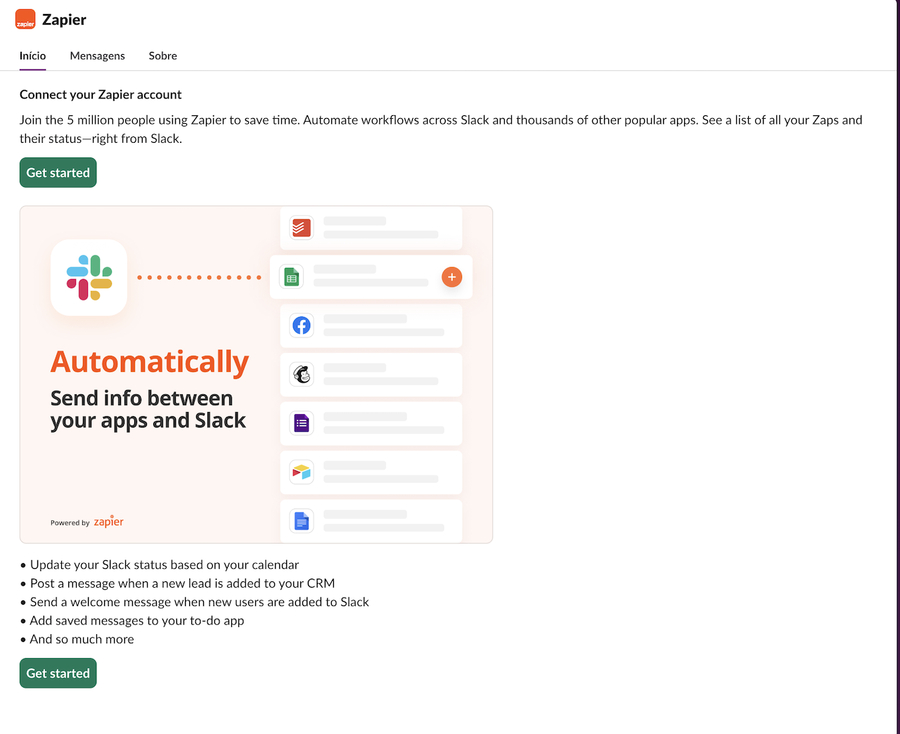 Captura de tela da página de 'Integrações Slack' do Zapier