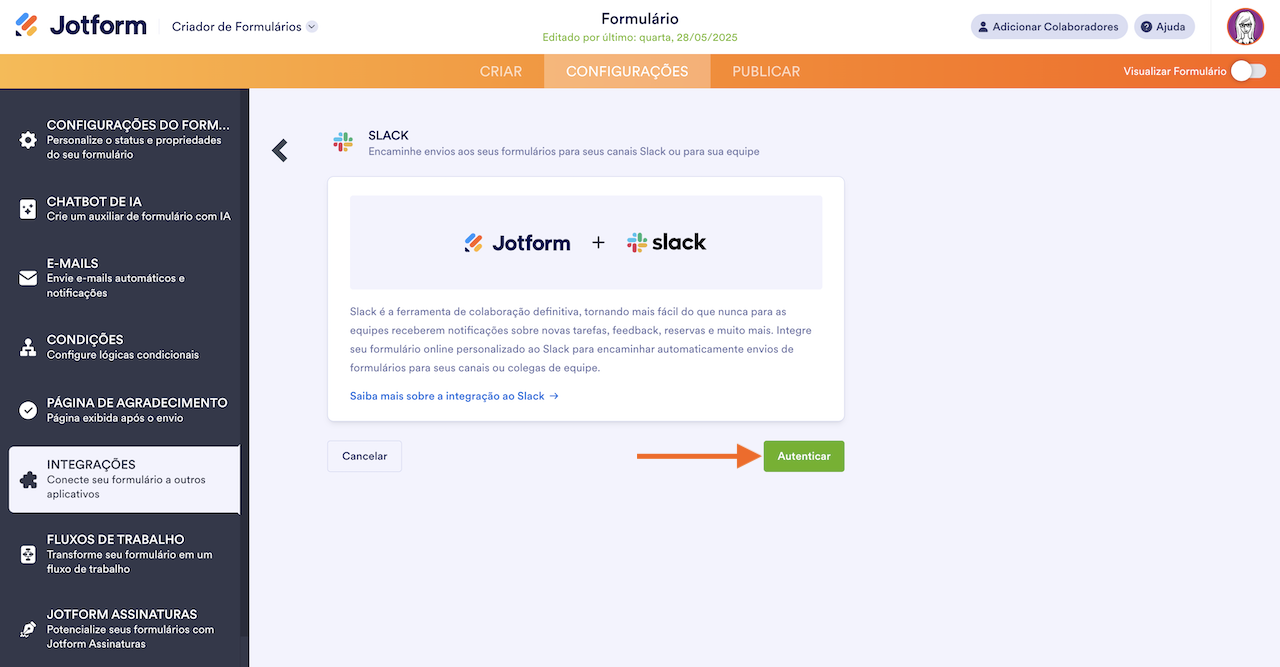 Captura de tela da integração do Slack no Jotform, com uma seta apontando para o botão 'Autenticar'