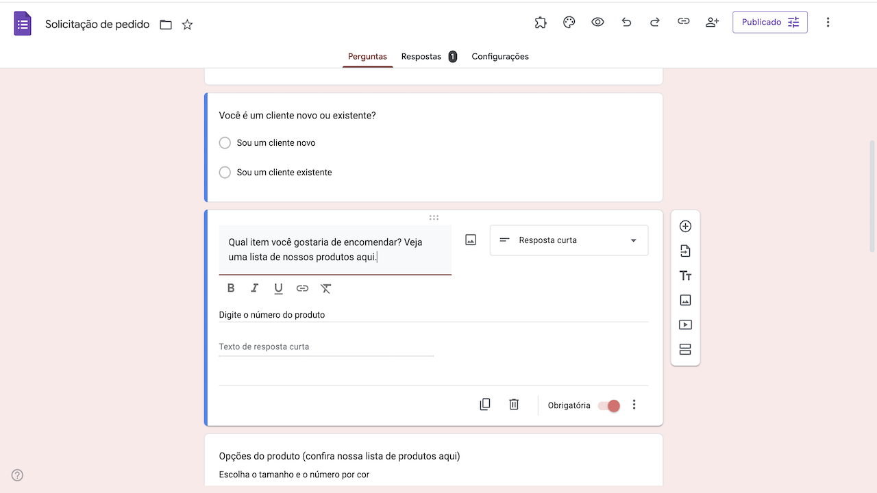 Imagem de um formulário para pedidos no construtor do Formulários Google