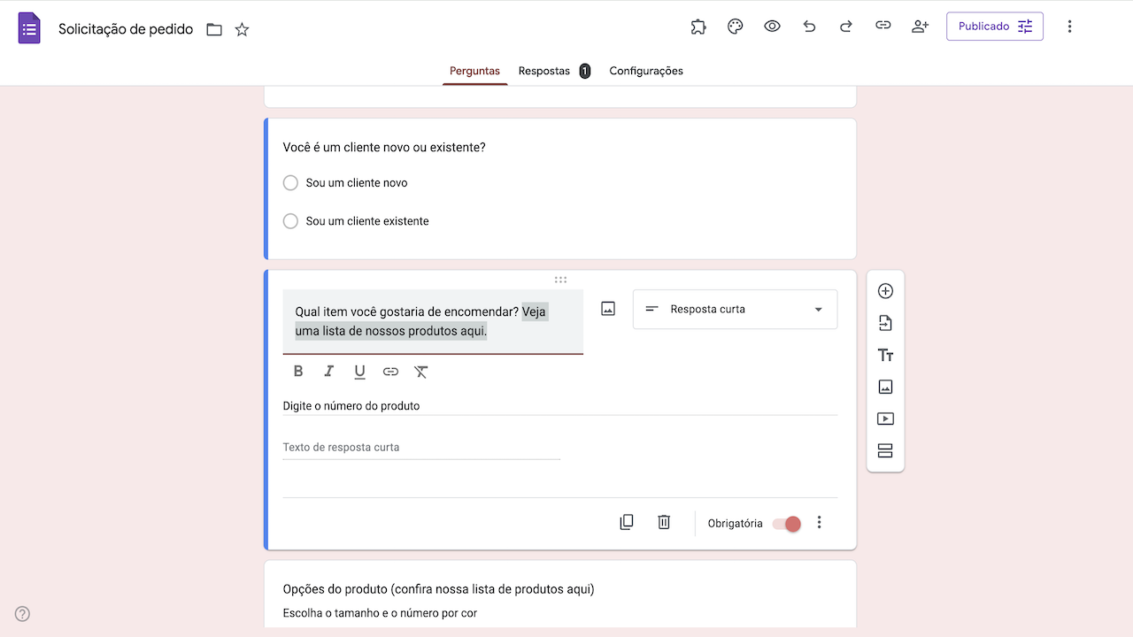 Imagem de um formulário para pedidos no construtor do Formulários Google