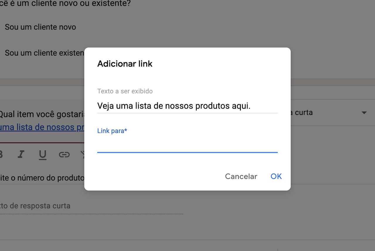 Imagem do menu de configurações Adicionar Link