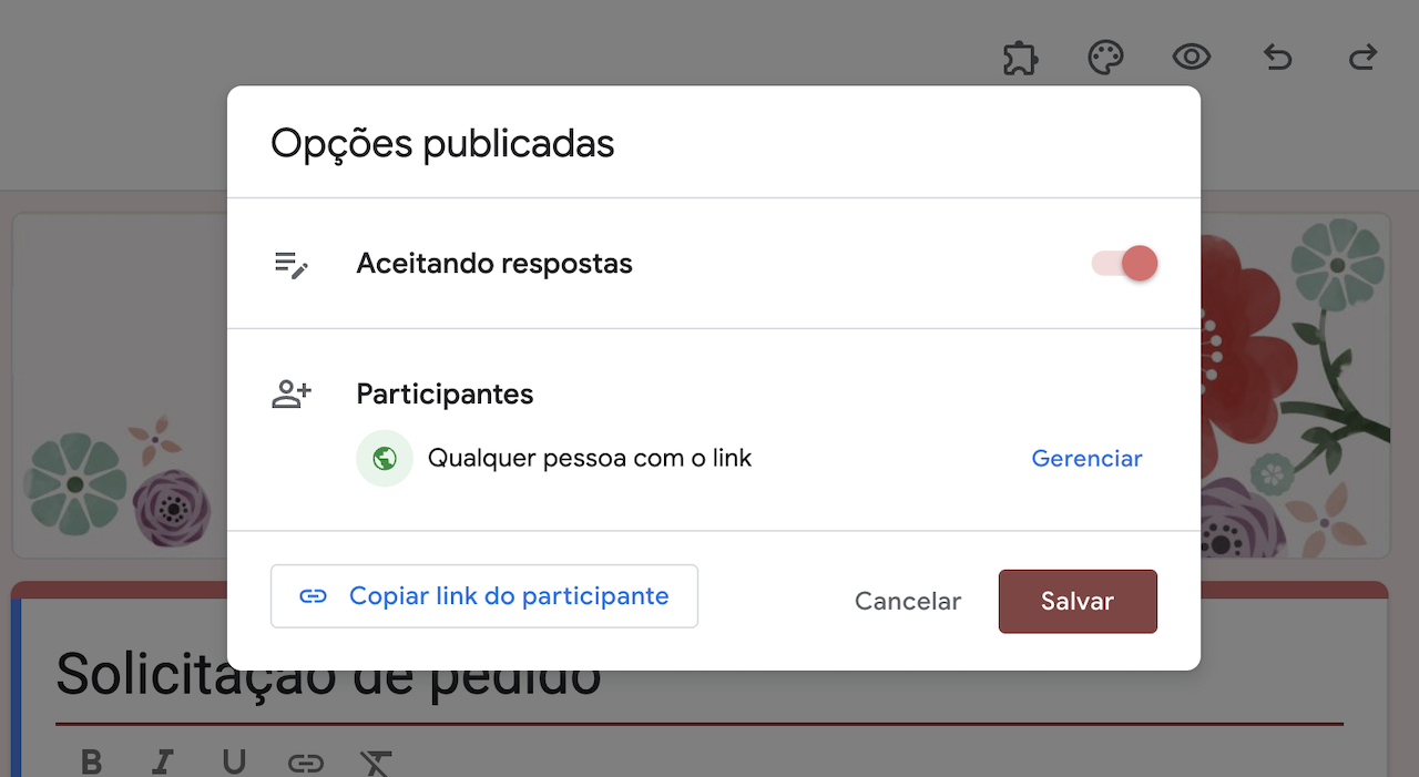Captura de tela da janela pop-up "Opções publicadas" de um formulário online com opções de compartilhamento exibidas